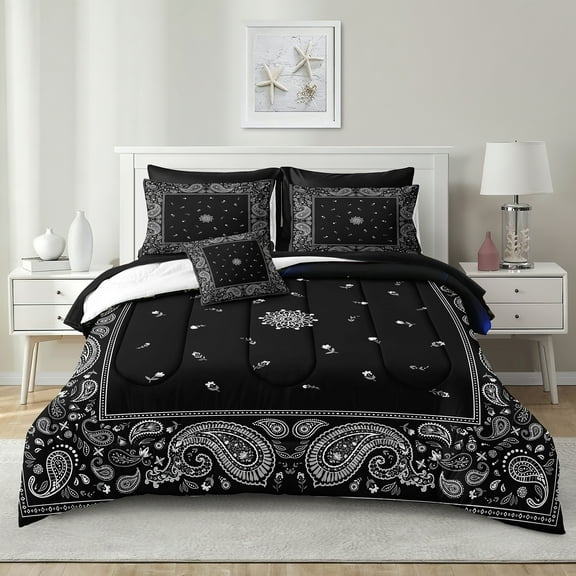 8 Pieces Paisley Comforter Set Black and White Bedding Set with Sheet Set Boho Style Paisley Floral Comforter Set for Bedroom Decor Soft and Lightweight Bohemian Quilt Sets