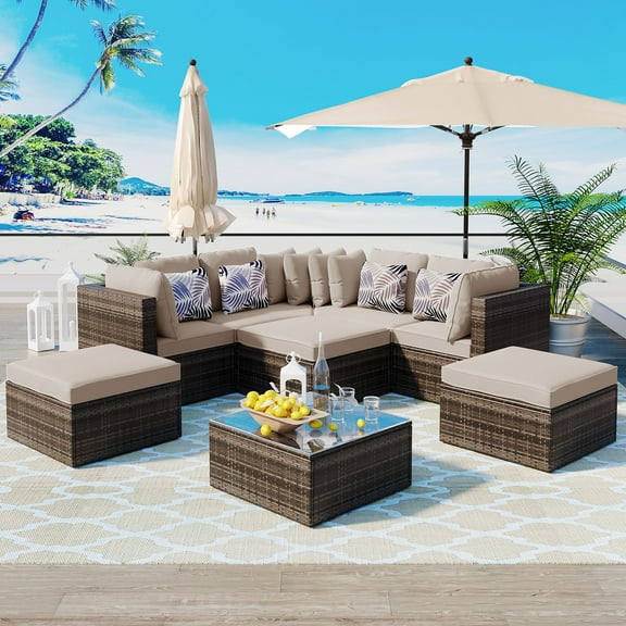 8 Pieces Patio Furniture Set Outdoor Sectional Sofa Set, Brown PE Rattan Wicker Conversation Set with Colorful Pillows Coffee Table for Deck, Backyard, Lawn, Brown