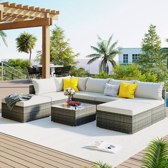 8 Pieces Patio Furniture Set Outdoor Sectional Sofa Set, Gray PE Rattan Wicker Conversation Set with Coffee Table for Deck, Backyard, Lawn, Beige