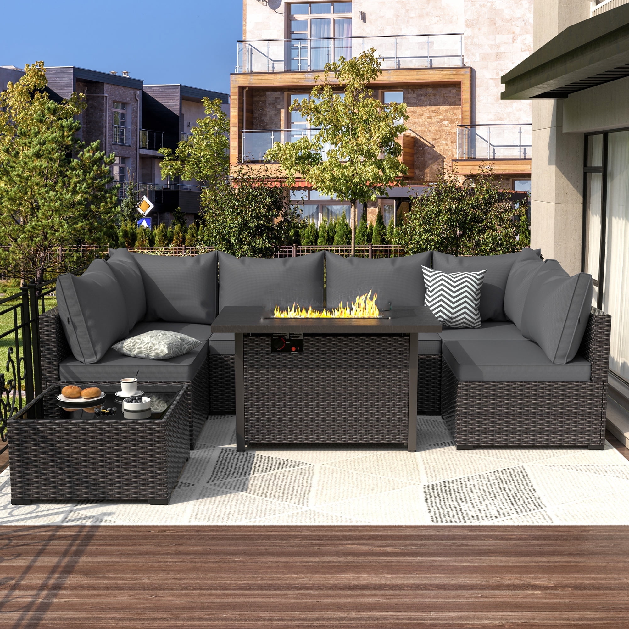 8 Pieces Patio Furniture Set with Propane Fire Pit Table And Sofa,Gray