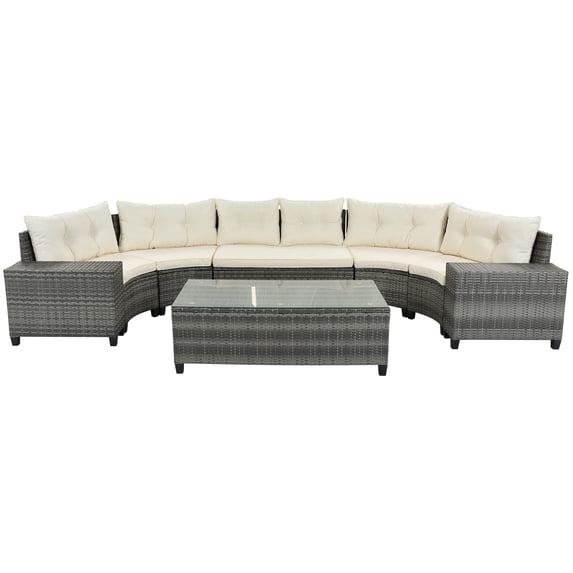 8 Pieces Patio Half-Moon Sectional Furniture, Curved Outdoor Sofa Set, Beige Wicker Patio Conversation Sets with Glass Table, Side Tables and Cushions