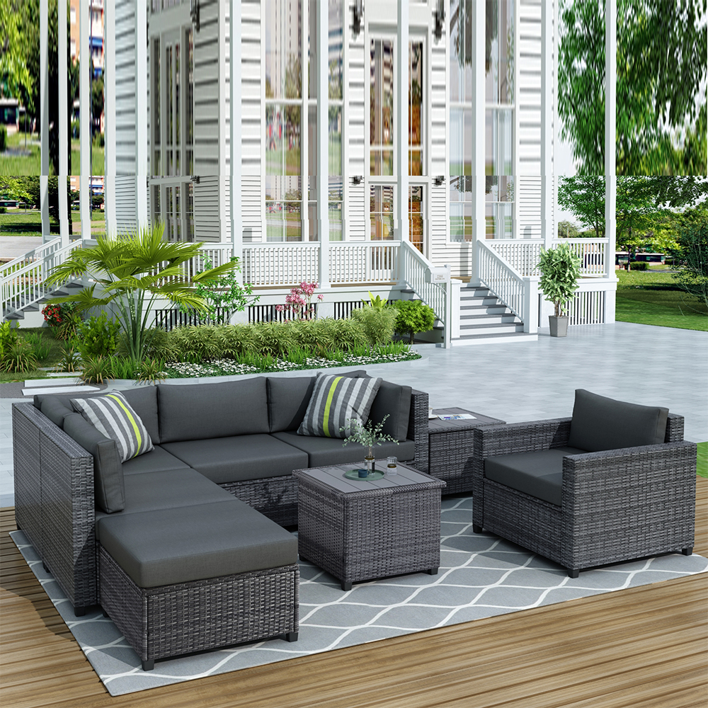 8 Pieces Patio PE Rattan Sofa Chair Set, Outdoor Sectional Seating Group, Low Back Deck Conversation Sofa Set w/Ottoman, 2 Tables and Gray Cushions, Porch Garden Poolside Balcony Use Furniture - image 1 of 10
