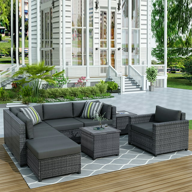 8 Pieces Patio PE Rattan Sofa Chair Set, Outdoor Sectional Seating Group, Low Back Deck Conversation Sofa Set w/Ottoman, 2 Tables and Gray Cushions, Porch Garden Poolside Balcony Use Furniture