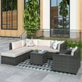thumbnail image 1 of 8 Pieces Patio PE Rattan Sofa Chair Set, Outdoor Sectional Seating Group, Low Back Deck Conversation Sofa Set w/Ottoman, 2 Tables and Beige Cushions, Porch Garden Poolside Balcony Use Furniture, 1 of 10