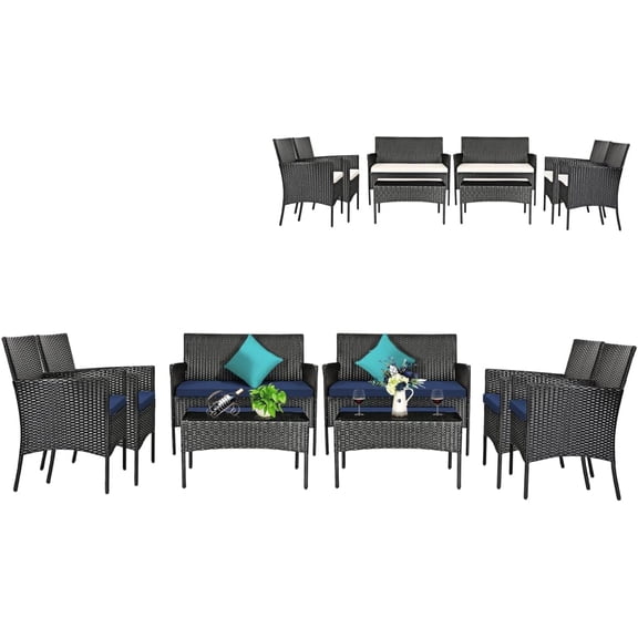 8 Pieces Patio Rattan Furniture Set, Outdoor Rattan Conversation Set with Tempered Glass Coffee Table, Cushioned Sofa, Wicker Chairs Set for Pool, Backyard, Porch, Lawn, White & Navy