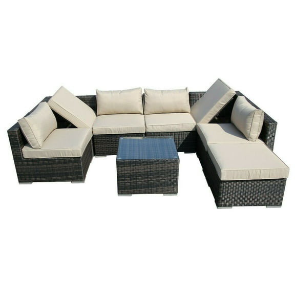 8 Pieces Patio Recliner Sofa Set, Aluminum Frame Full Assembled Outdoor Sectional Rattan Sofa Set, All Weather Mix Brown Wicker Conversation Set with Beige Cushions and Throw Pillows