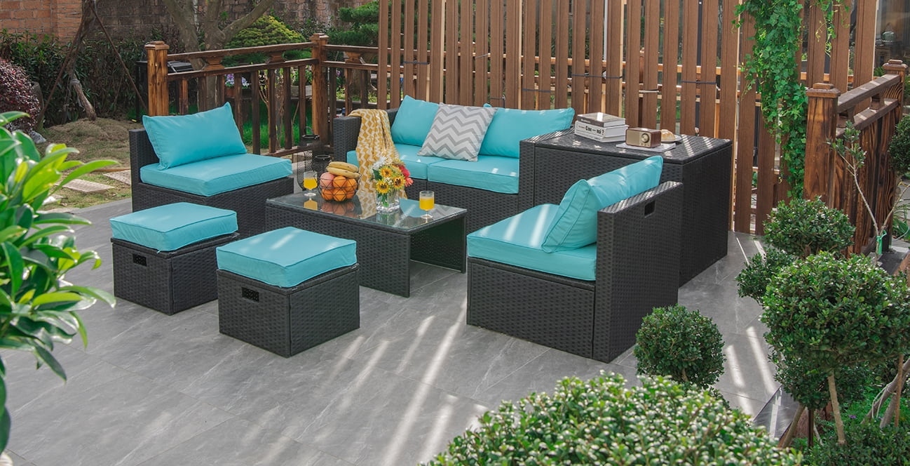 8 Pieces Patio Space-Saving Rattan Furniture Set with Storage Box and ...