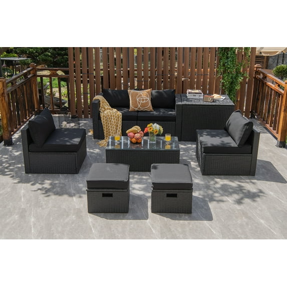 8 Pieces Patio Space-Saving Rattan Furniture Set with Storage Box and Waterproof Cover,Outdoor Sectionals