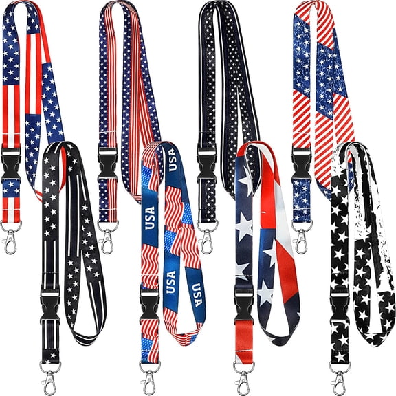 8 Pieces Patriotic Key Lanyards 4th of July 250th Anniversary Independence Day with American Flag Design for ID Cards Keys Badge Holders Multi Color Neck Straps for Office and Holiday