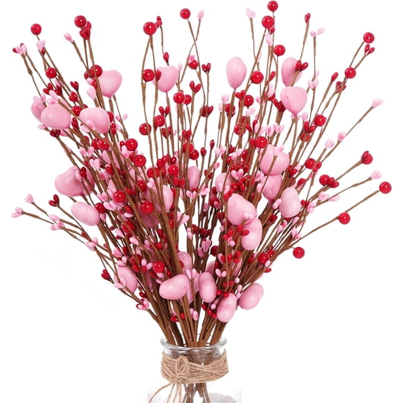 8 Pieces Pink Heart Shaped Berry Picks,Artificial Red Berry Stems,Heart Shaped Fake Flower Branch,Faux Foam Berries Stems,for Valentines Day Wedding Home Vase Decor