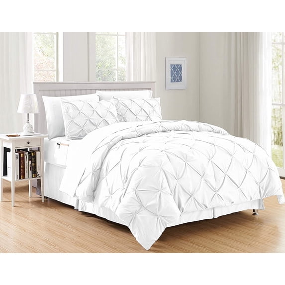 8-Pieces Pintuck Comforter set Includes Bed Sheet Set with Double Sided Storage Pockets, King/Cal King, White