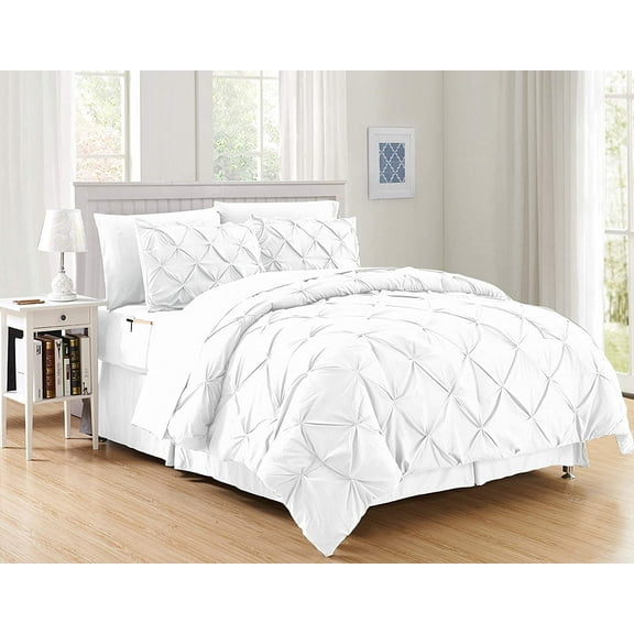 8-Pieces Pintuck Comforter set Includes Bed Sheet Set with Double Sided Storage Pockets, King/Cal King, White