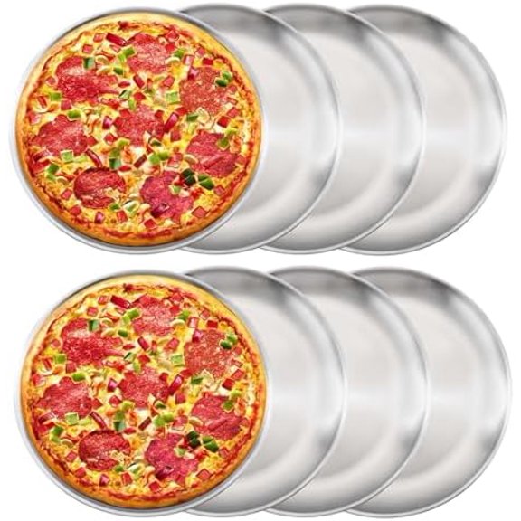 8 Pieces Pizza Pan 12 inch Stainless Steel Pizza Pan for Oven, Round Baking Pizza Tray, Heavy Duty Pizza Serving Tray, Pizza Baking Sheets for Home Kitchen Restaurant