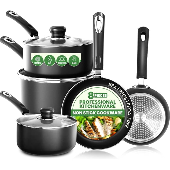 8 Pieces Pots and Pans Set, Non Stick Kitchen Cookware Set, Induction Frying Pans 20cm, 28cm, Saucepan with Lids 20cm, 18cm, Non Induction Saucepan 16cm, Pots and Pans Set Nonstick, Black