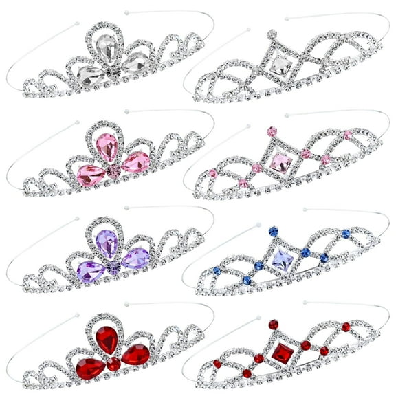 8 Pieces Princess Colorful Dazzling Crystal Rhinestone Silver Metal Tiara Crown Headbands Wedding Birthday Party Prom Headpieces Hair Styling Accessories for Kids Teens Girls Women