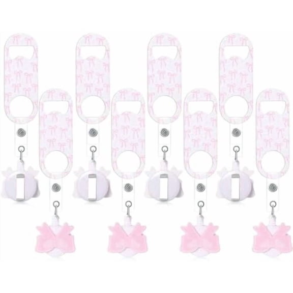8 Pieces Retractable Bottle Opener Bartender Flat Beer Opener with Round Badge Reel Clips Holder for Kitchen Restaurant Home Supplies Party Gifts (Bow,Pink)
