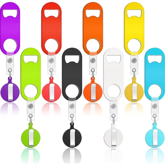8 Pieces Retractable Flat Bottle Opener Bartender Beer Opener with Round Badge Reel Clips Holder Bar Keys for Bartender Gifts Kitchen Home Party Supplies (Classic,Multicolor)