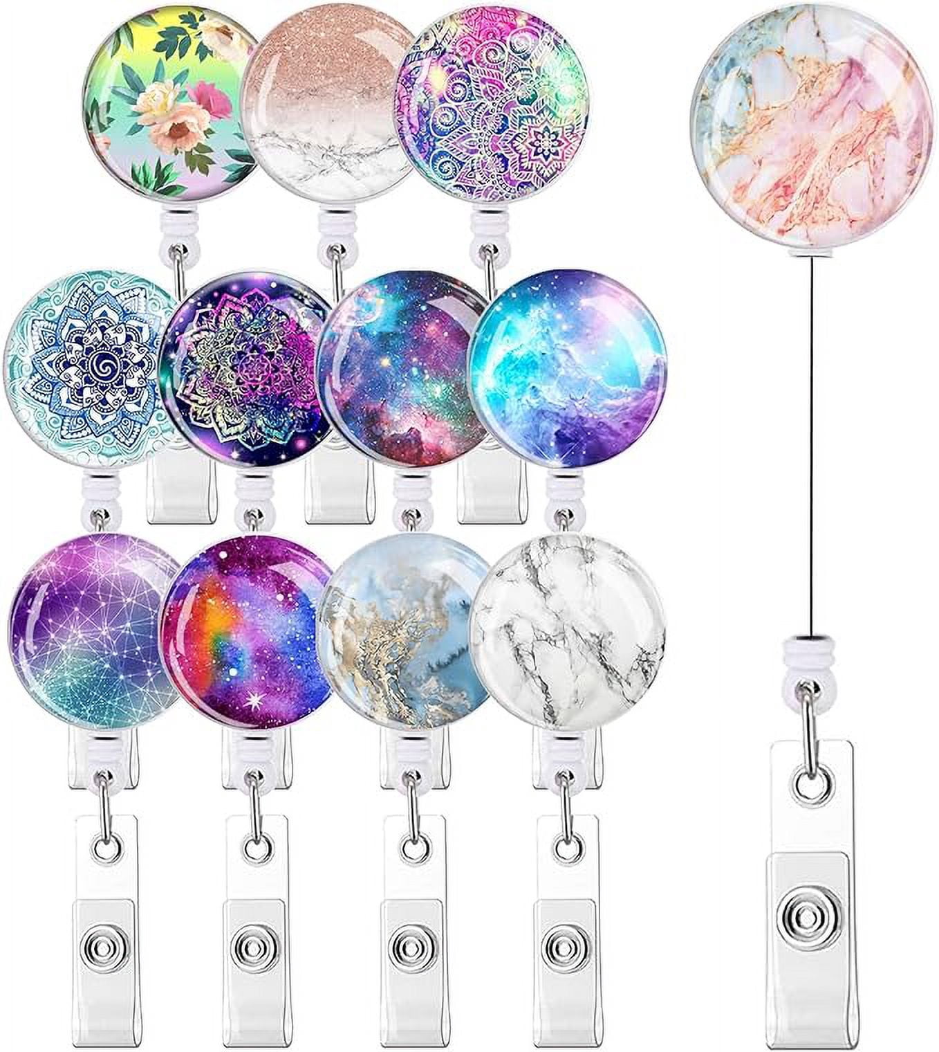 8-Piece Retractable ID Badge Reel Set - Mandala & Starry Sky Designs For Nurses, Office, Teachers