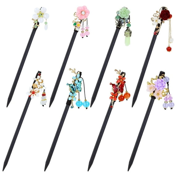 8 Pieces Retro Asian Chinese Traditional Hanfu Butterfly Flower Wooden Hair Sticks Pins with Bead Pendants Hair Chopsticks Forks Bun Updo Holders for Women Girls