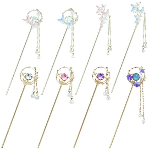 8 Pieces Retro Vintage Asian Japanese Chinese Hanfu Gold Metal Flower Hair Sticks with Pearl Pendants Fishtail Lotus Butterfly Long Hair Pins Forks Chopsticks Bun Updo Holders for Women Girls