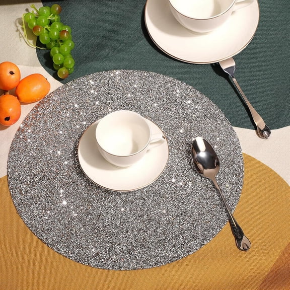 8 Pieces Round Rhinestone Placemat 15 Inch Glitter Sparkle Placemat Crushed Bling Place Mats Decorative Table Mats Washable for Christmas Kitchen Wedding Banquets Table Decoration (Silver)