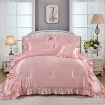 8 Pieces Satin Ruffle Comforter Set Queen/King Size Comforter with Sheets Silk Like Satin Bed Set Luxury Pleat Satin Bedding Set 1 Comforter 4 Pillowcasas 1 Flat Sheet 1 Fitted Sheet 1 Cushion Cover
