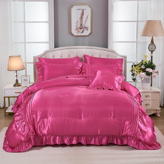 8 Pieces Satin Ruffle Comforter Set Queen Size Comforter with Sheets Silk Like Satin Bed Set Luxury Pleat Satin Bedding Set 1 Comforter 4 Pillowcasas 1 Flat Sheet 1 Fitted Sheet 1 Cushion Cover