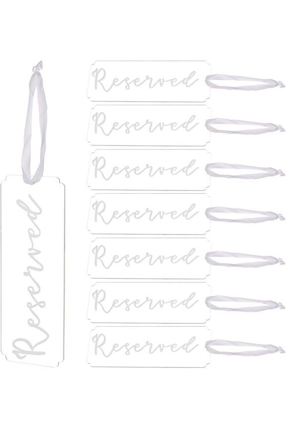 8 Pieces Seat reserved signage Reserved Signs for Wedding Chairs Acrylic Tag Hanging with Ribbon for Wedding Important Events Church Chair and Restaurant White Lettering font design diy