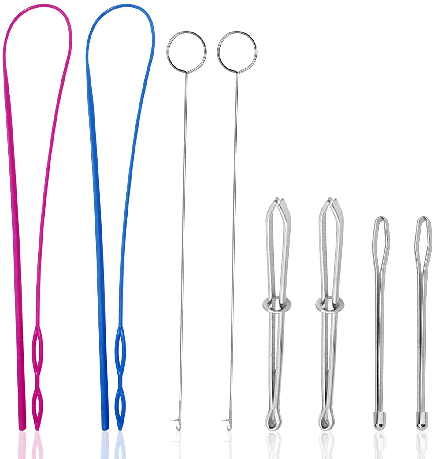 8 Pieces Sewing Loop Kit, DaKuan Include 2 Flexible Plastic Drawstring Threader, 2 Stainless Steel Sewing Loop Turner Hook, 2 Metal Drawstring Threader and 2 Metal Tweezers