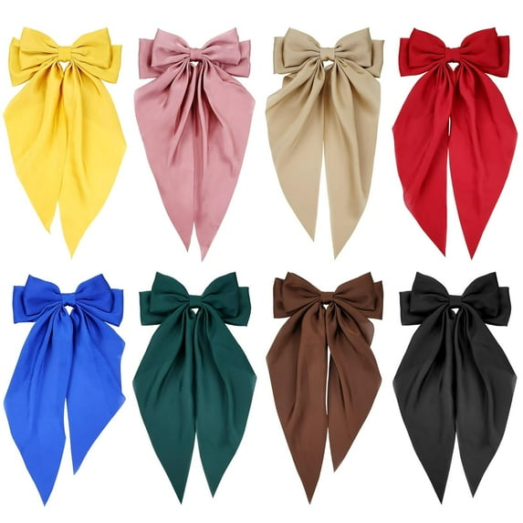 8 Pieces Silky Satin Big Hair Bows for Women Girls Teens, Fancy Long Tail Bow Hair Clips French Hair Barrettes Hair Accessories