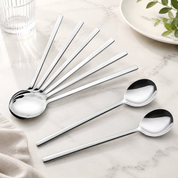 8 Pieces Stainless Steel Korean Soup Spoons, 8.5 Inch Long Handle Flatware Set for Home, Kitchen, or Restaurant Dining