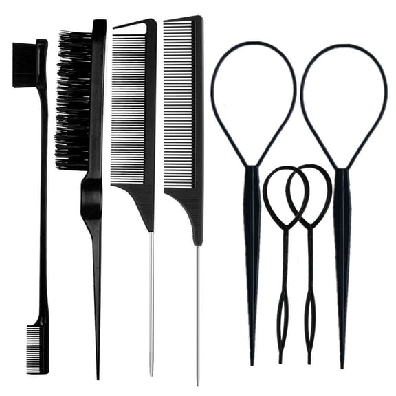8 Pieces Styling Comb Set - Teasing Brush, Rat Tail Comb, French Braiding Tool Ring, Edge Brush for Slicking and Combing Hair for Women