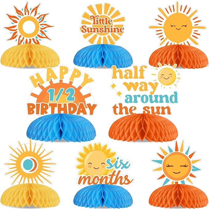 8 Pieces Sun Honeycomb Centerpieces, Half Way Around The Sun Table Toppers Decorations, Boho Sun Themed 6 Months 1/2 Birthday Baby Shower Party Supplies