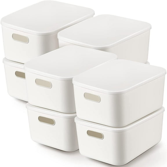 8 Pieces White Plastic Storage Bins with Lids, Stackable Storage baskets with Handle Containers Box for Shelves Drawers Desktop Playroom Classroom Office Organization(14 x 10.5 x 6.5 Inches)