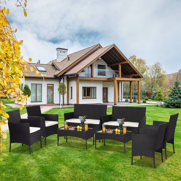 8 Pieces Wicker Furniture Set, with Cushioned Loveseats/Armchairs/Glass Coffee Tables, for Outdoor/Indoor Use, Black, D5277