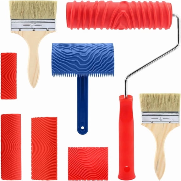8 Pieces Wood Grain Paint Tool Set, Texture Roller, Graining Rocker, Paint Brushes, for Wall, Floor, DIY Room Decoration,1 set * small roller paint brush,As Shown