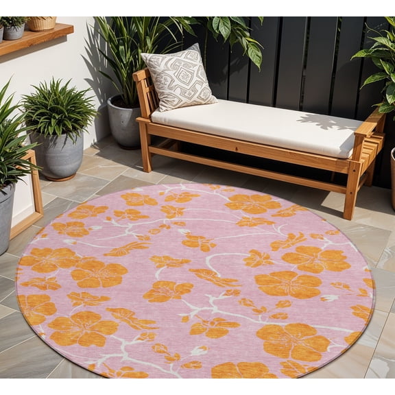 HomeRoots 600038 8 ft. Pink & Copper Round Floral Washable Indoor & Outdoor Area Rug