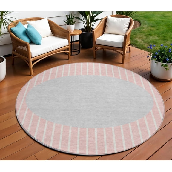 HomeRoots 597189 8 ft. Pink & Silver Round Striped Washable Indoor & Outdoor Area Rug