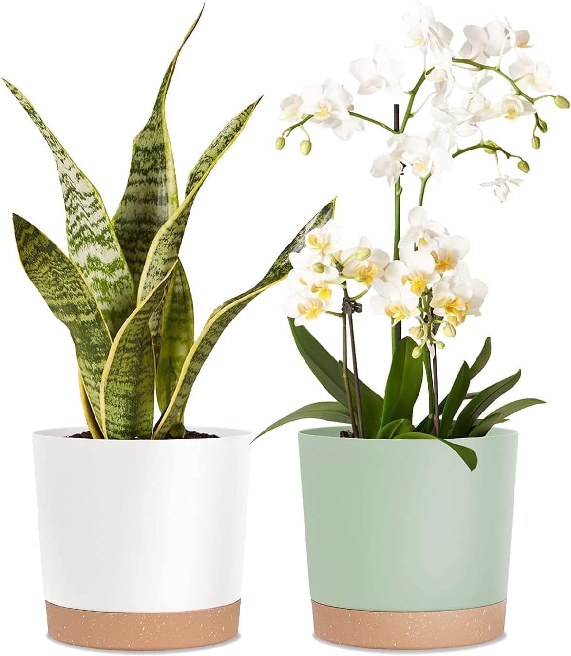 8'' Plastic Flower Planter Pots Set of 2 Indoor Outdoor Planters with Drainage Saucer for Garden Home (Green & White, 8 inch)