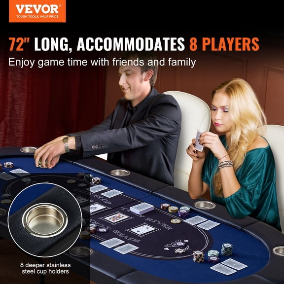 8 Player Foldable Poker Table,Blackjack Texas Holdem Poker Table with Padded Rails&Stainless Steel Cup Holders,Portable Folding Card Board Game Table,72"Oval Casino Leisure Table,Blue