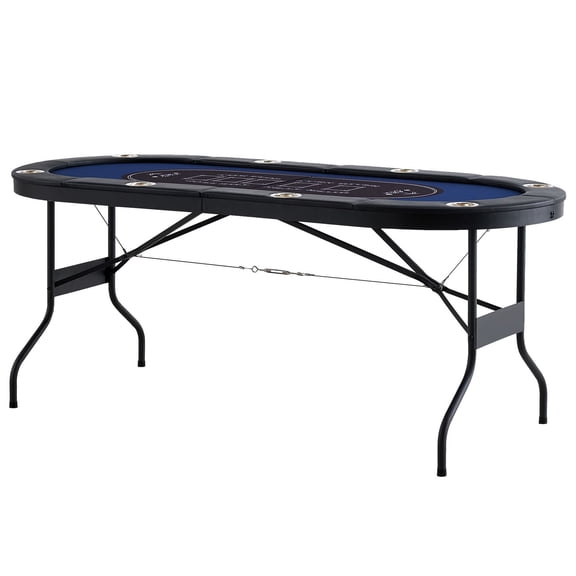8 Player Foldable Poker Table, Blackjack Texas Holdem Poker Table with Padded Rails and Stainless Steel Cup Holders, Portable Folding Card Board Game Table, 72" Oval Casino Leisure Table, Blue