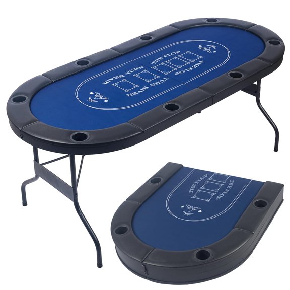 8-Player Foldable Poker Table - Standard Blue Felt Oval Game Table