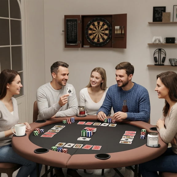 8 Player Folding Poker Table with Casino Grade Felt, 48'' Round Professional Card Table for Texas Holdem & Blackjack, Portable Design with Cup Holders, Home Game Nights & Party