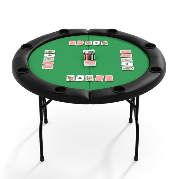 8 Player Folding Poker Table with Casino Grade Felt & Cup Holders, 48 Inch Round Design Card Table for Texas Holdem, Home Game Nights, Man Cave