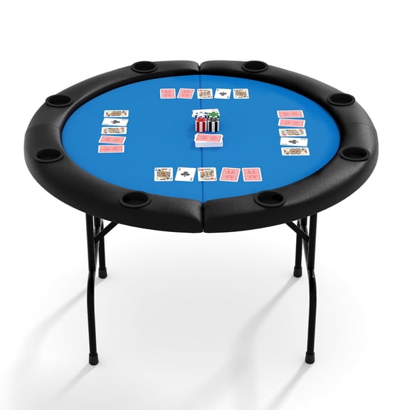 8 Player Folding Poker Table with Casino Grade Felt & Cup Holders, 48 Inch Round Design Card Table for Texas Holdem, Home Game Nights, Man Cave