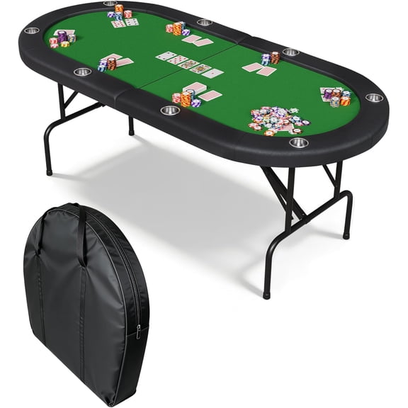 8 Player Oval Poker Table Foldable, 72" Poker Game Tables with Storage Bag, Collapsible Legs, Padded Rails & Cup Holders, Portable Folding Game Table for Texas Holdem and Blackjack, Green