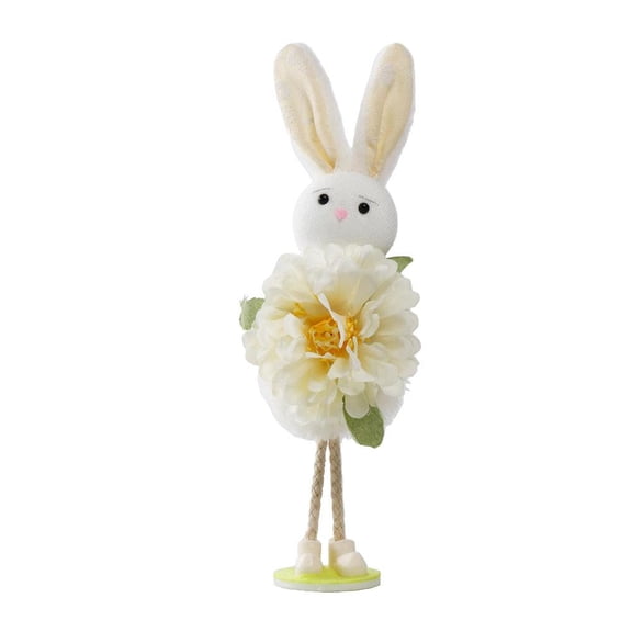8" Plush Standing Easter Bunny with Flower Bouquet, Whimsical Spring Fairy Rabbit Figurine, Soft Fabric Bunny Ornament for Mantel, Shelf, and Office Desk Decor - White