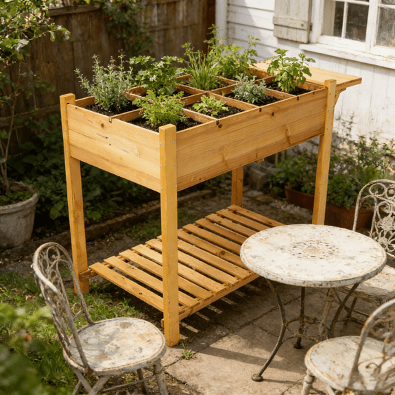 8 Pocket Raised Garden Bed 43In High Wood Planter Box Stand With Foldable Side Table Storage Shelf Separate Grow Grids Drainage Holes Herb Vegetable Flower Horticulture Large Backyard Outdoor Use