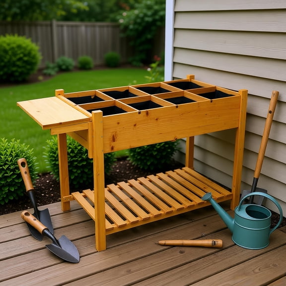 8 Pocket Raised Garden Bed Elevated Wood Planter Box with Foldable Side Table Storage Shelf Fabric Liner Drainage Holes Solid Fir Wood for Herbs Vegetables Flowers Patio Balcony Deck Backyard Brown