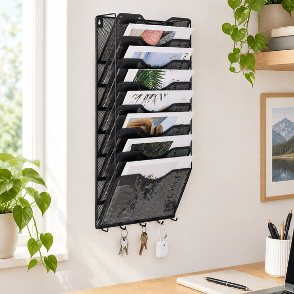 Paper Folder Edge 8 Pocket Wall File Organizer With Key Hooks Hanging Paper Folder Holder ...